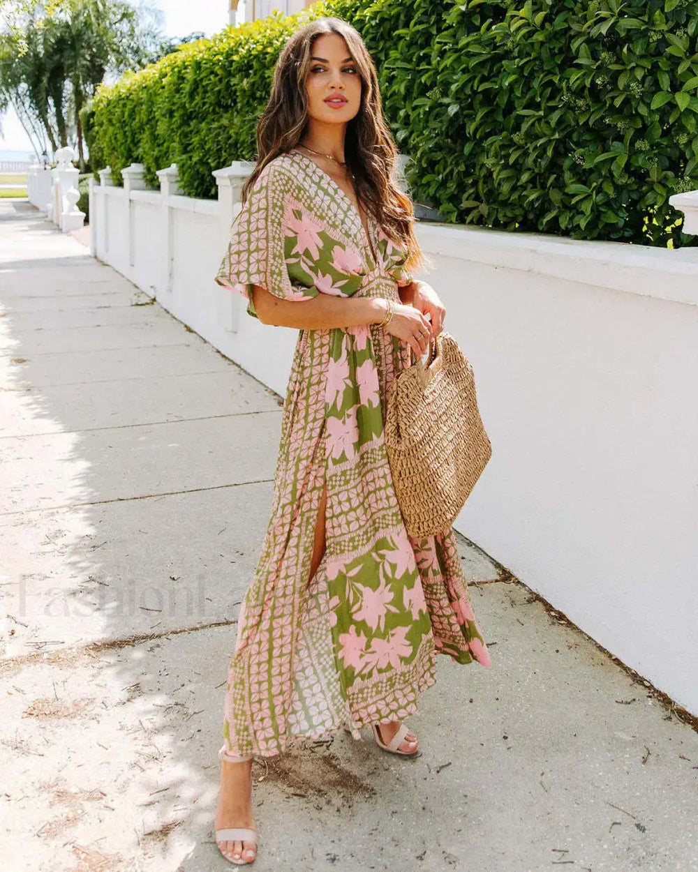 Boho Chiffon Maxi Floral Dress Green / S