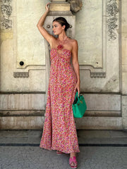 Boho Floral Print Rosette Decor Halter Long Dress Dresses