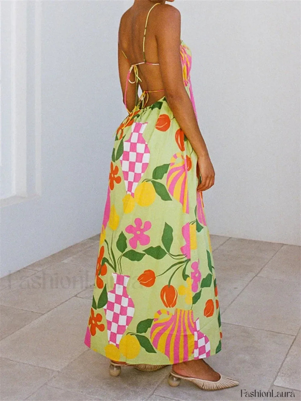 Boho Floral Strap Backless Maxi Dress