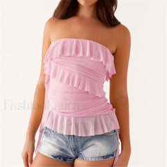 Boho Strapless Ruffle Crop Top Pink / S