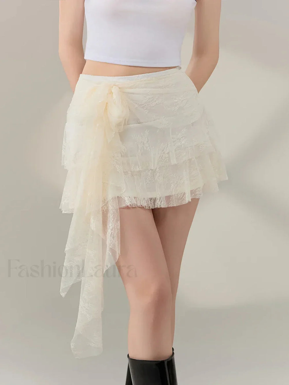 Bow Front Ruffle High Waist Skirt Beige / S