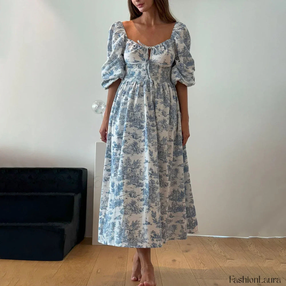 Bow Front Smocked Midi Dress blue / S