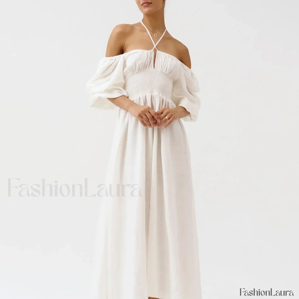 Bow Front Smocked Midi Dress white / S
