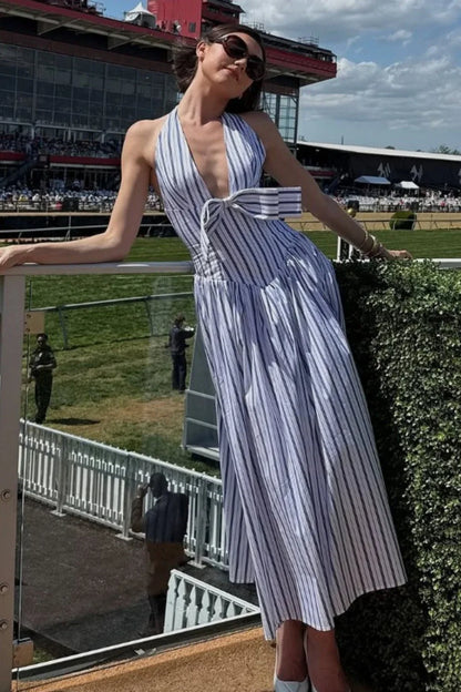 Bow Halter Striped Maxi Dress