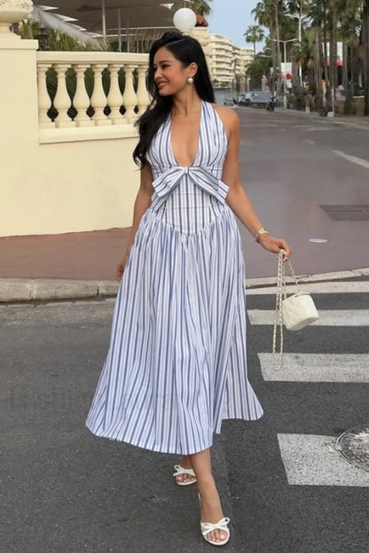 Bow Halter Striped Maxi Dress