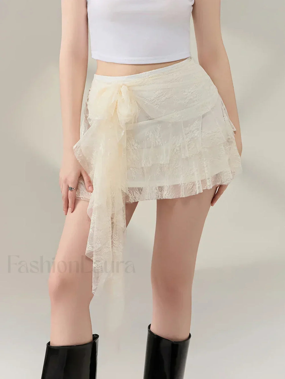Bow Lace Ruffle Layered Mini Skirt
