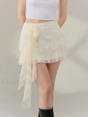 Bow Lace Ruffle Layered Mini Skirt Beige / S