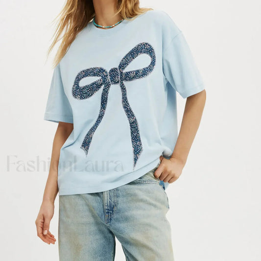 Bow Letter Number Pattern T Shirt SKY BLUE / S