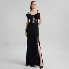 Bow Mesh Spaghetti Maxi Dress Black / XS