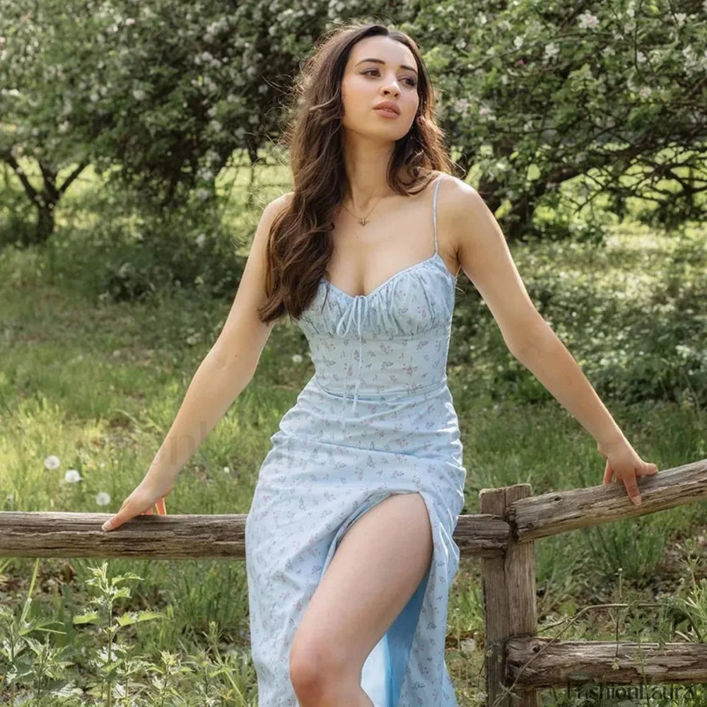 Bow Spaghetti Strap Floral Dress Blue / S