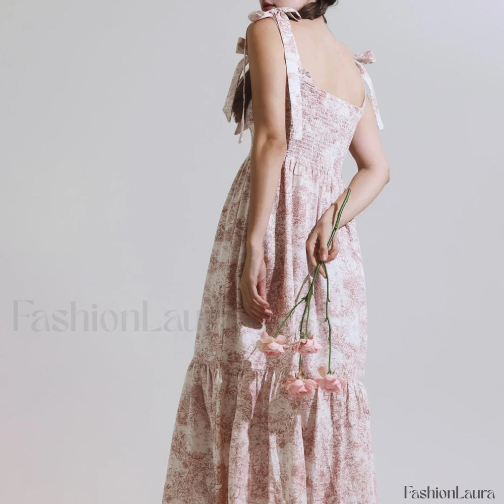 Bow Strap Floral Smocked Midi Dress