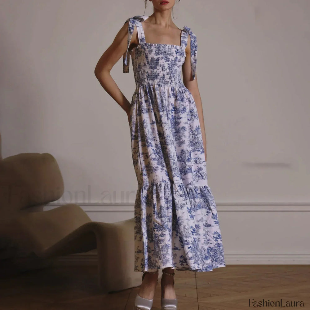 Bow Strap Floral Smocked Midi Dress