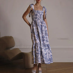 Bow Strap Floral Smocked Midi Dress