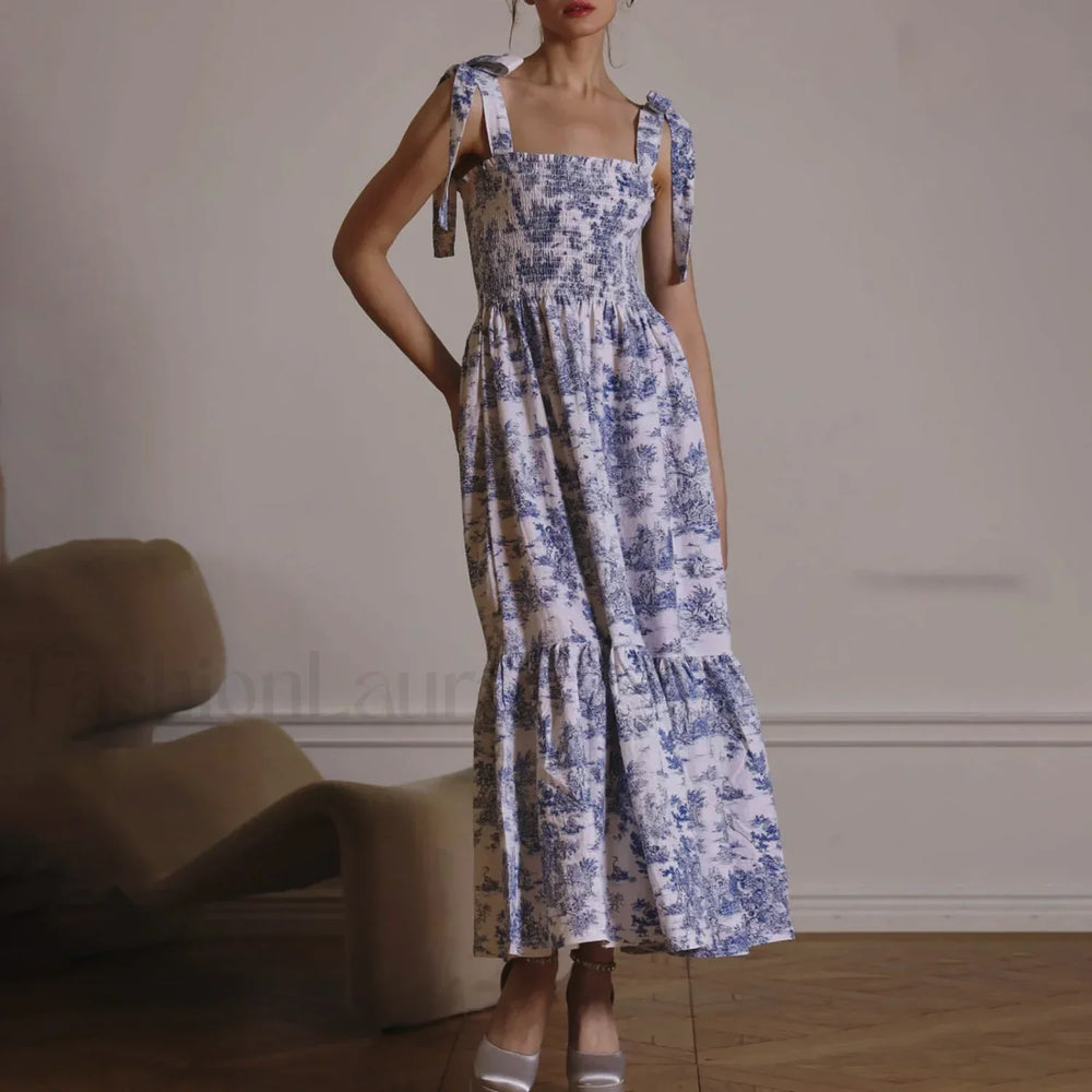 Bow Strap Floral Smocked Midi Dress