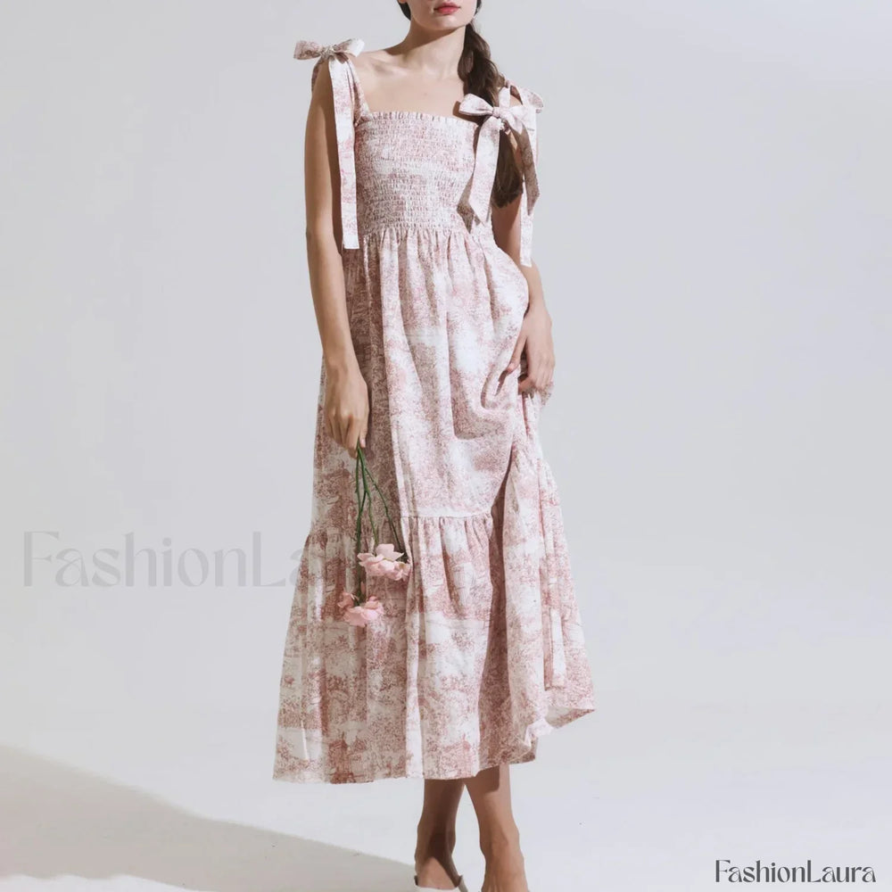 Bow Strap Floral Smocked Midi Dress Pink / S