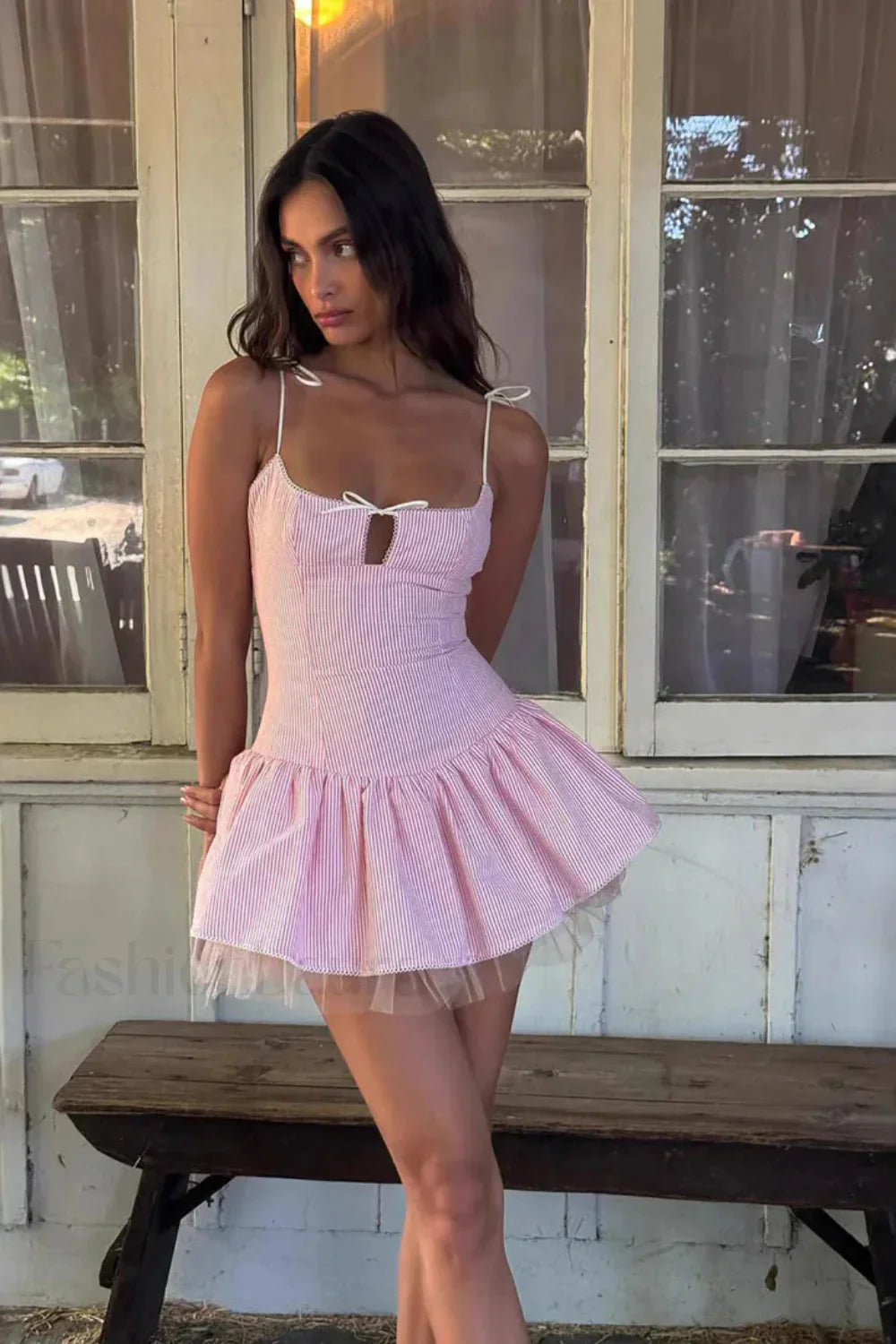 Bow Tie Mesh Cami Puff Mini Dress