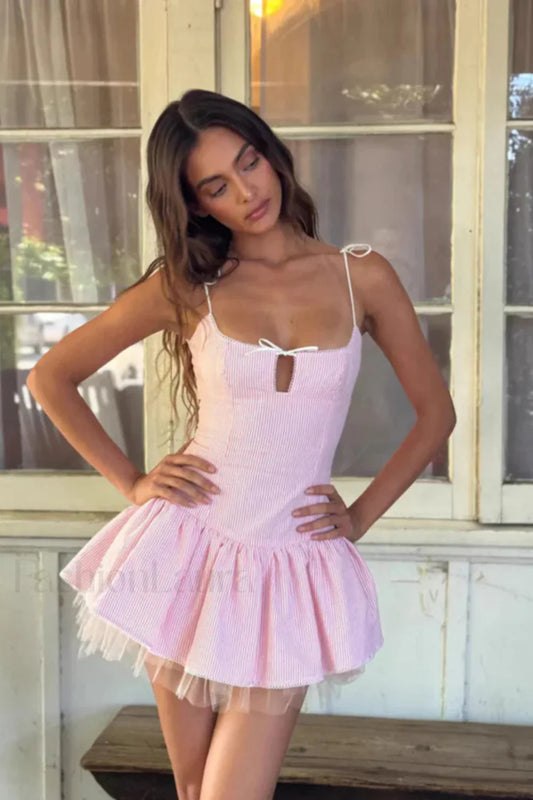 Bow Tie Mesh Cami Puff Mini Dress Pink / S