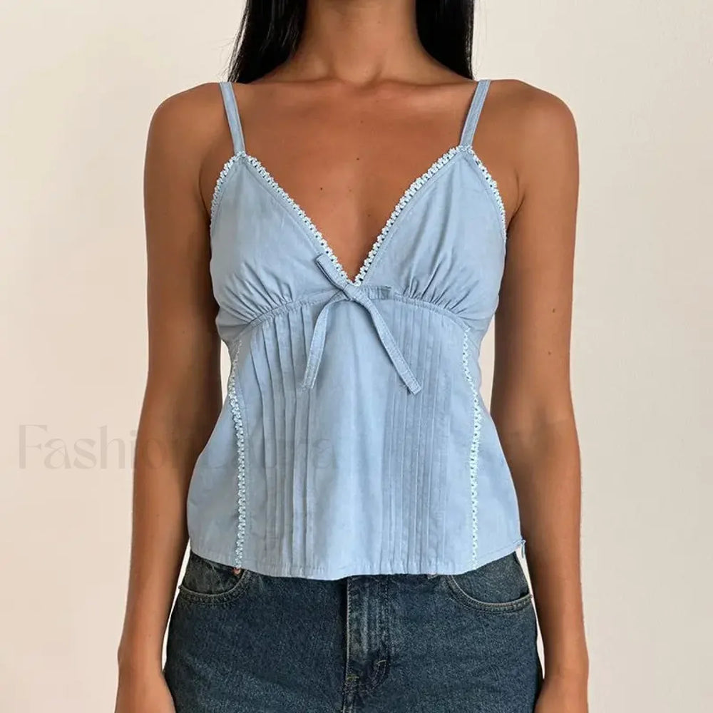 Bow V Neck Adjustable Crop Top Blue / S
