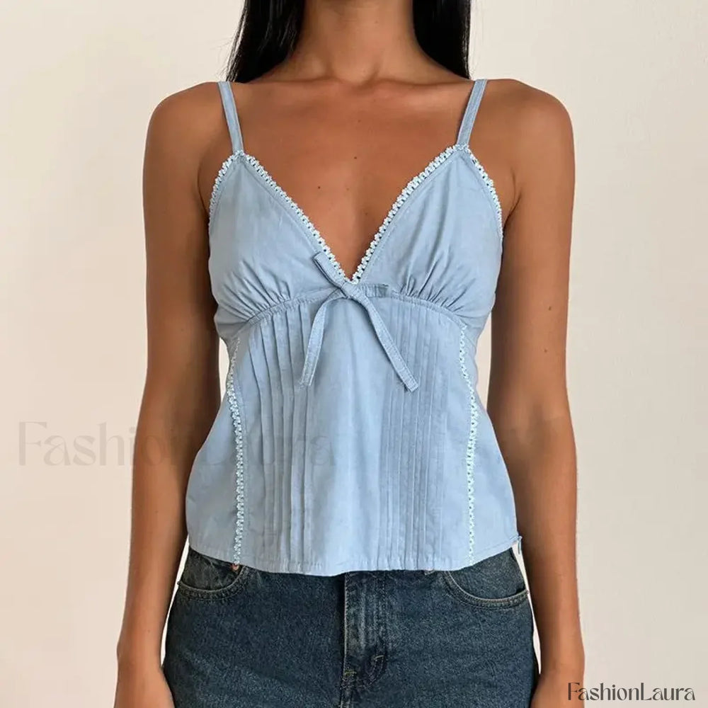 Bow V Neck Adjustable Crop Top Blue / S