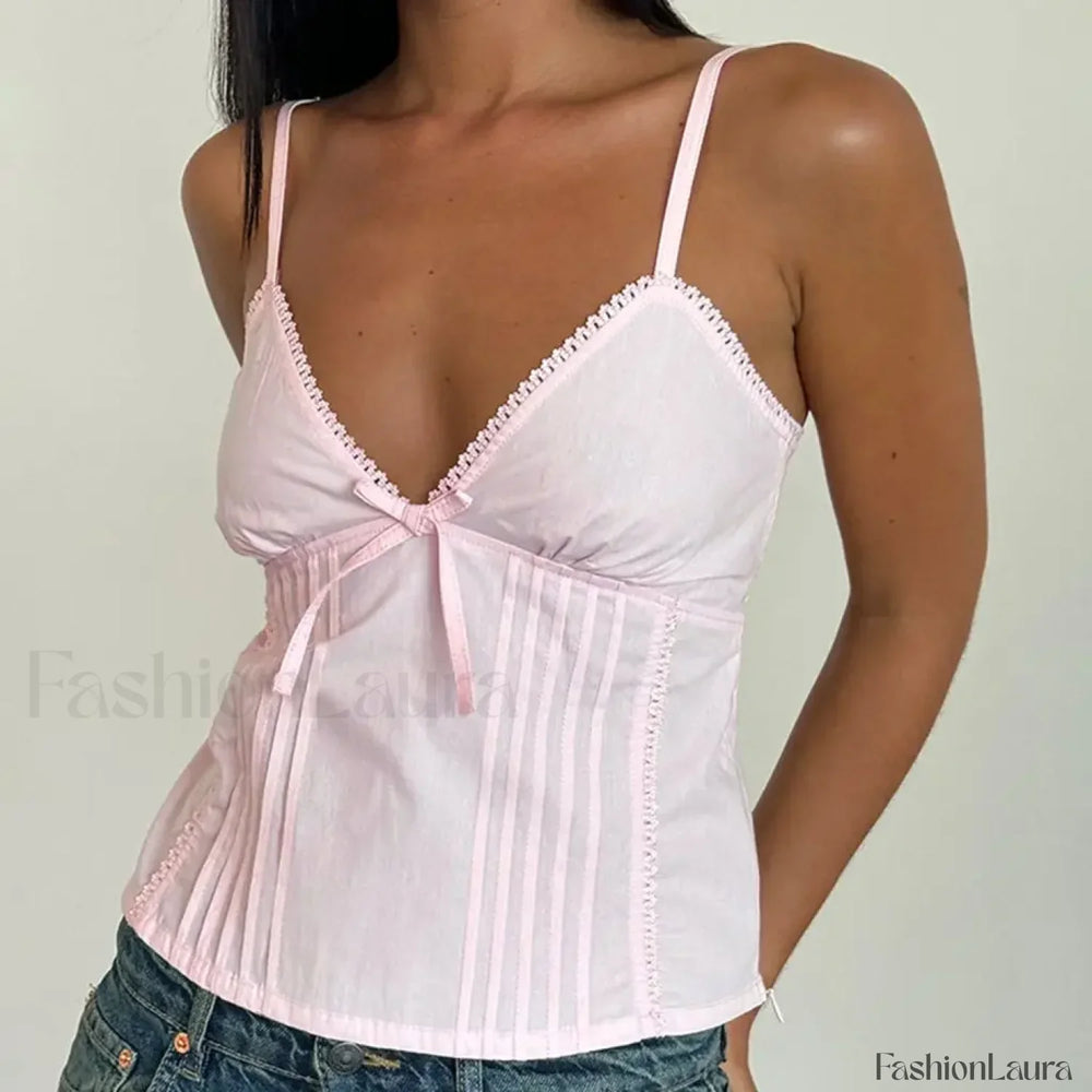 Bow V Neck Adjustable Crop Top Pink / S