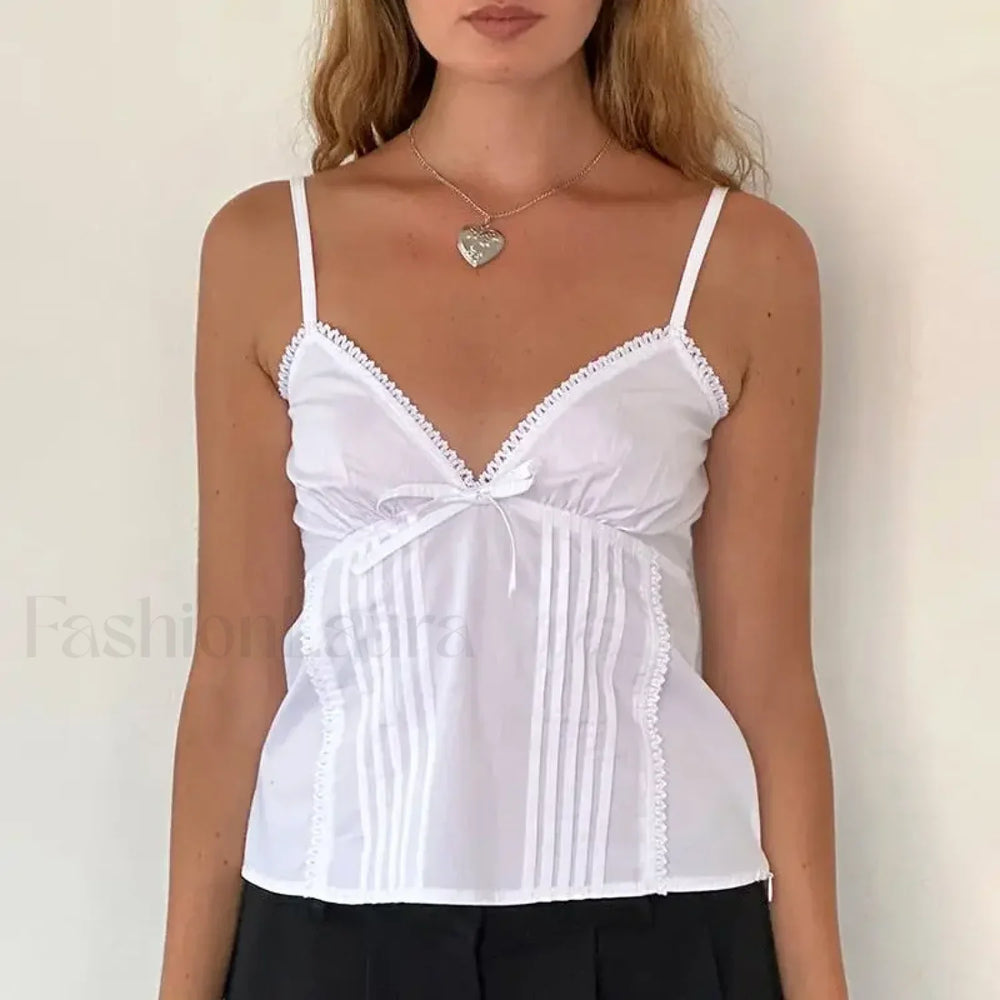 Bow V Neck Adjustable Crop Top WHITE / S