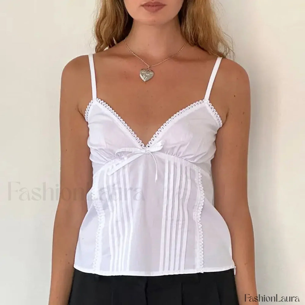 Bow V Neck Adjustable Crop Top WHITE / S