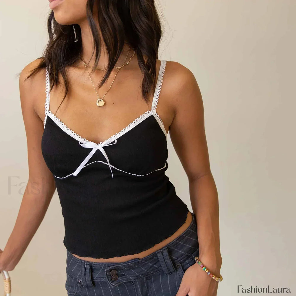 Bow V Neck Club Crop Top Black / S