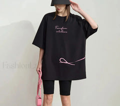 Bowknot Print Loose T Shirt Black / One Size
