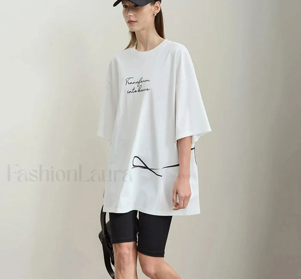 Bowknot Print Loose T Shirt White / One Size
