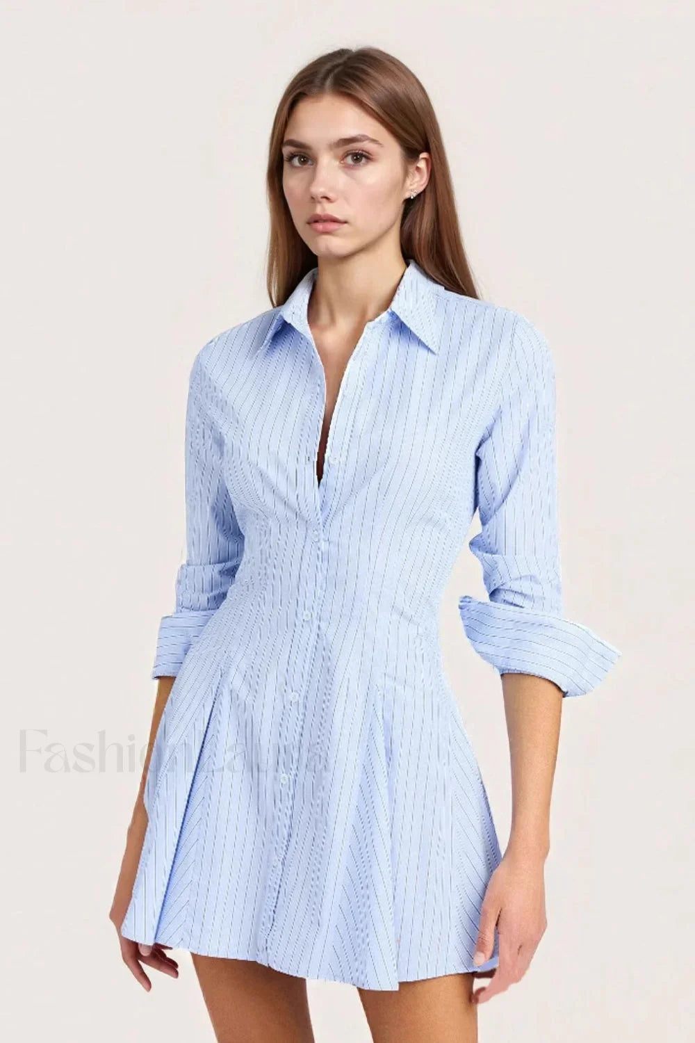 Breathable Striped Collared Shirt Work Dress Blue / S