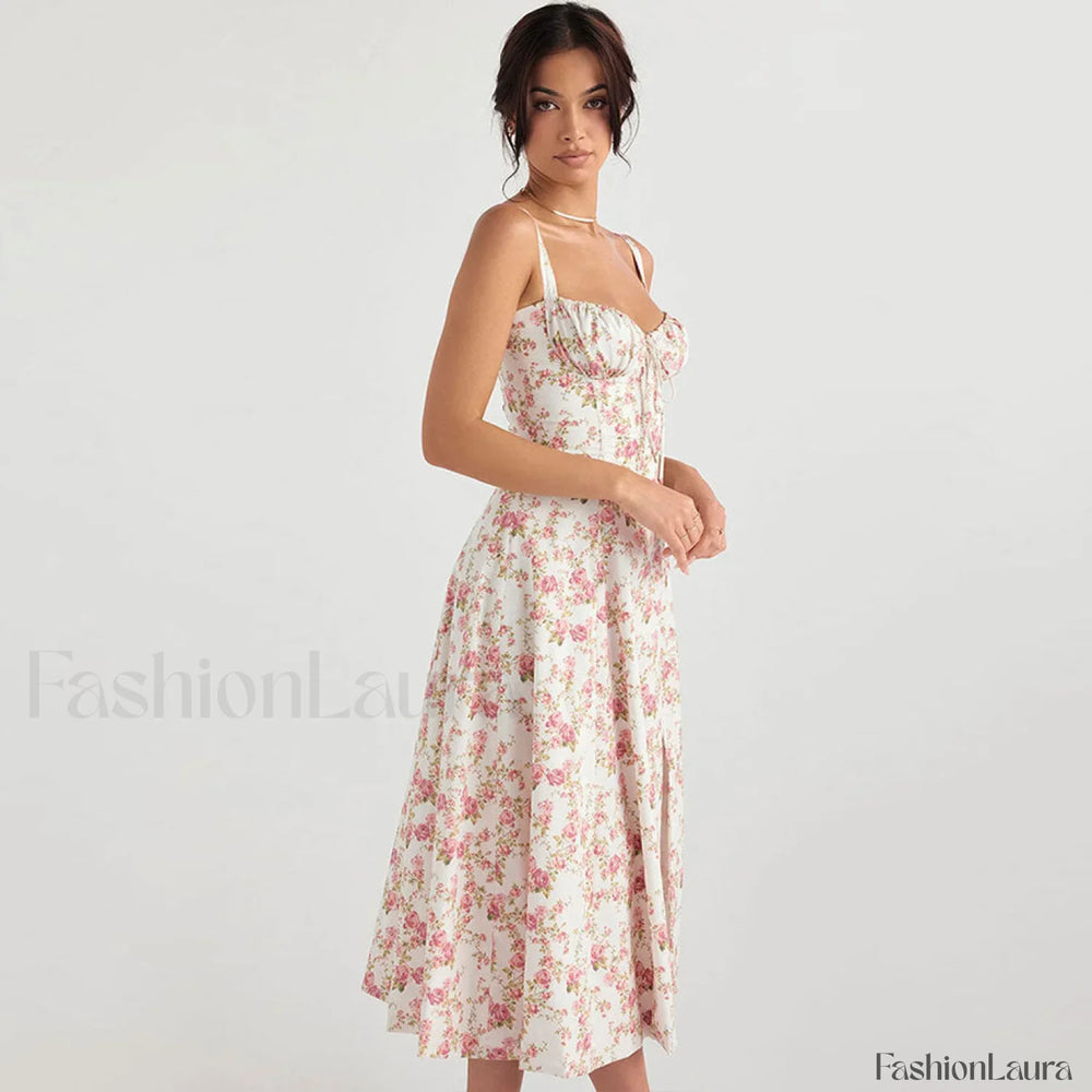 Breezy Floral Printed Lace Up Back Tie String Slit Midi Sundress Pink L / Pink Sun Dresses
