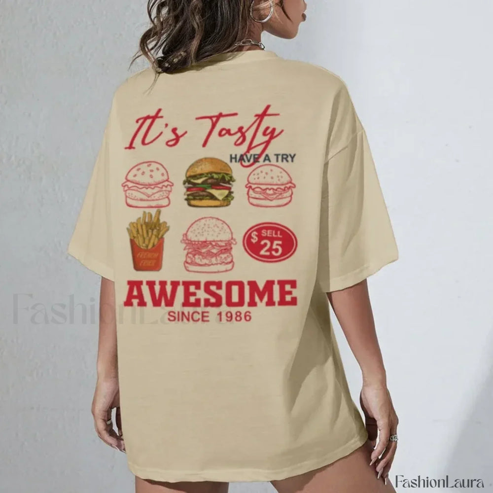 Burgers Chips Back Print Retro Foodie T Shirt Khaki / S