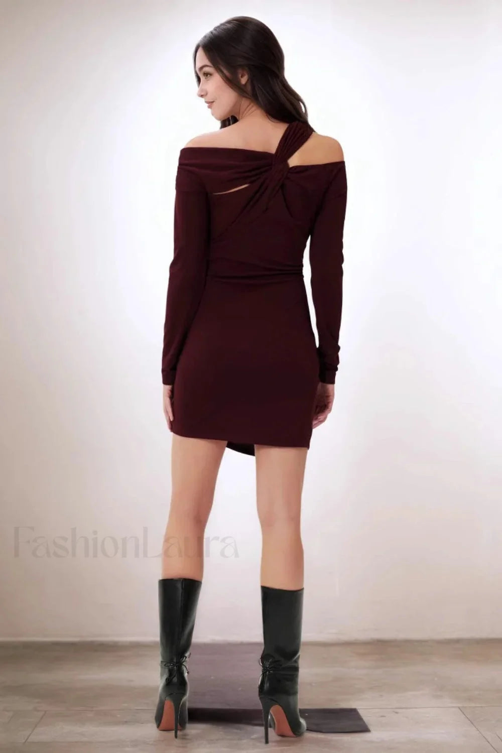 Burgundy Off Shoulder Knot Long Sleeve Bodycon Work Dress