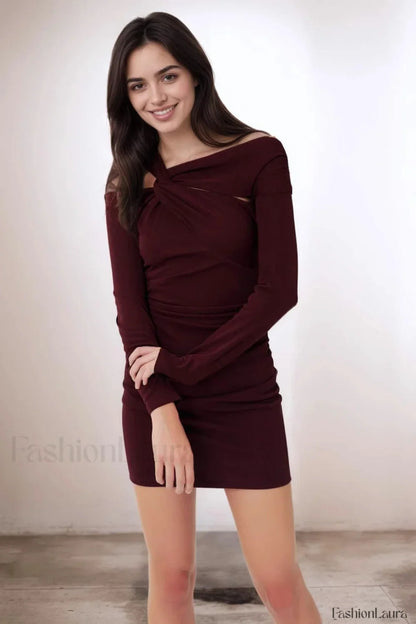Burgundy Off Shoulder Knot Long Sleeve Bodycon Work Dress