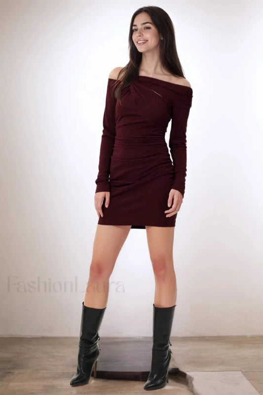Burgundy Off Shoulder Knot Long Sleeve Bodycon Work Dress Burgundy / S