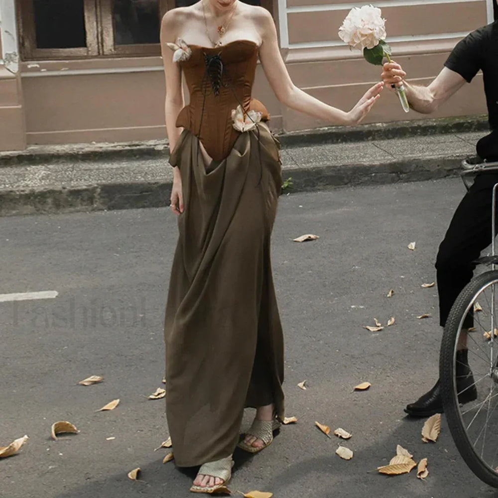 Butterfly Corset Strapless Maxi Dress