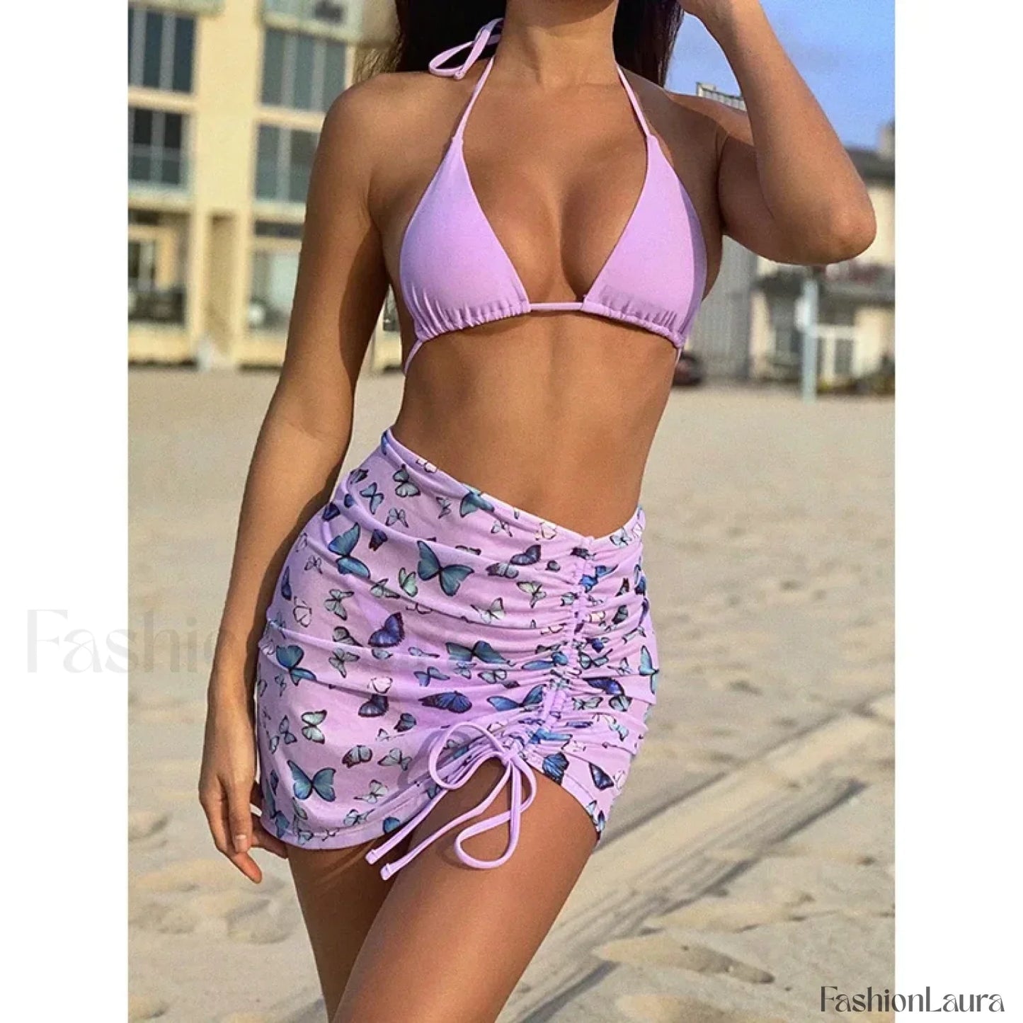 Butterfly Drawstring Three Piece Set Purple / S