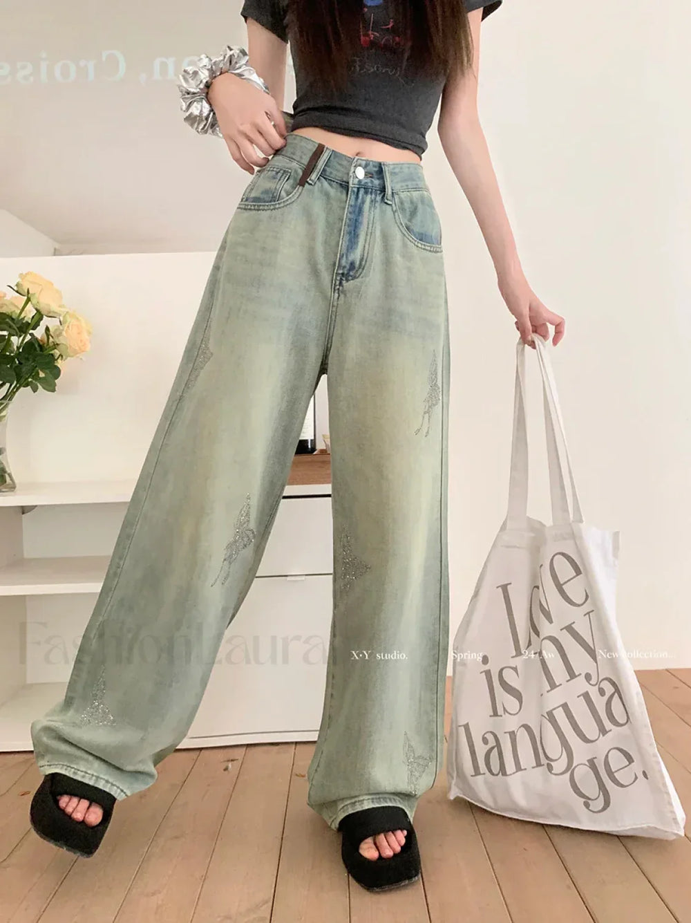 Butterfly Hot Diamond Wide leg Vintage Jeans