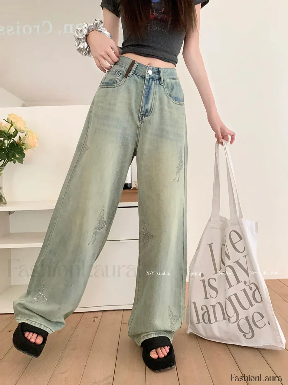 Butterfly Hot Diamond Wide leg Vintage Jeans