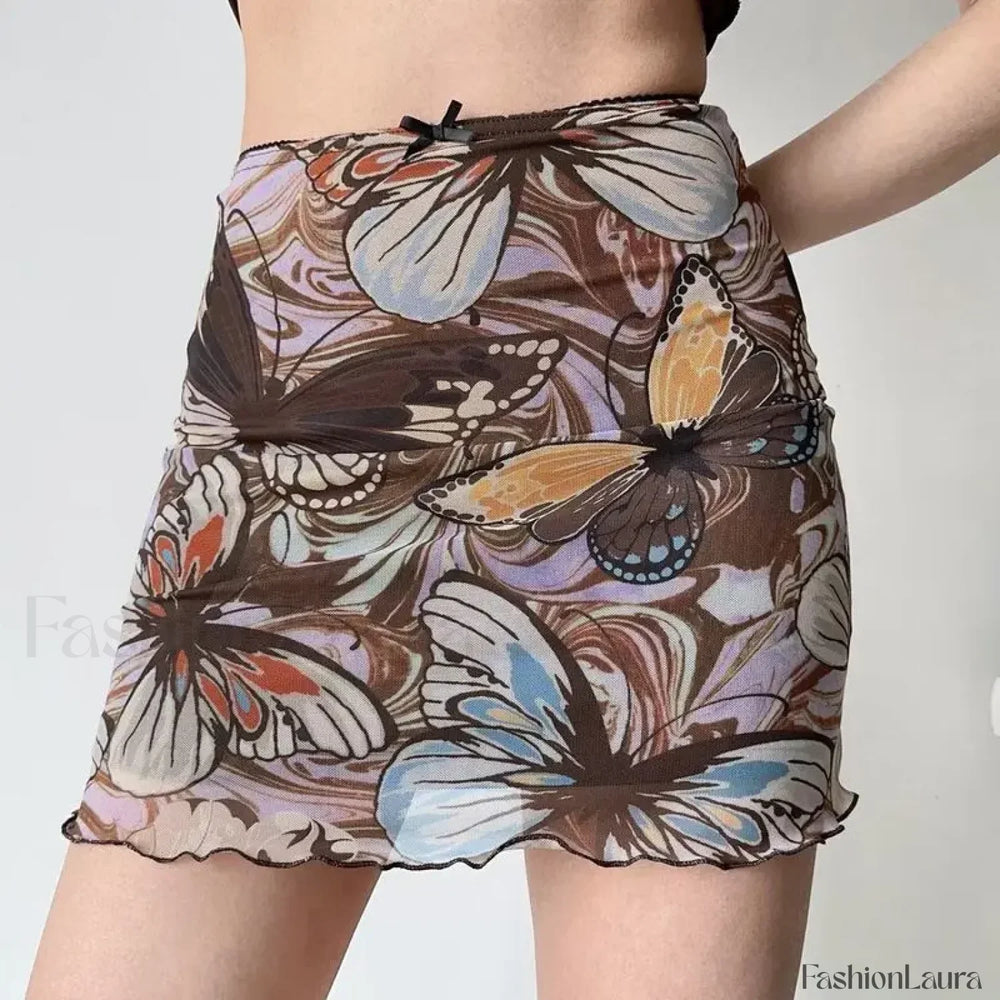 Butterfly Print Bodycon Streetwear Skirt Brown / S