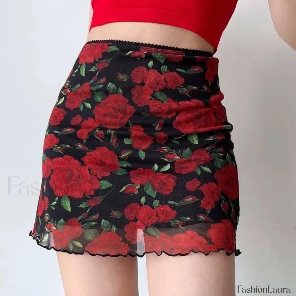Butterfly Print Bodycon Streetwear Skirt Red / S