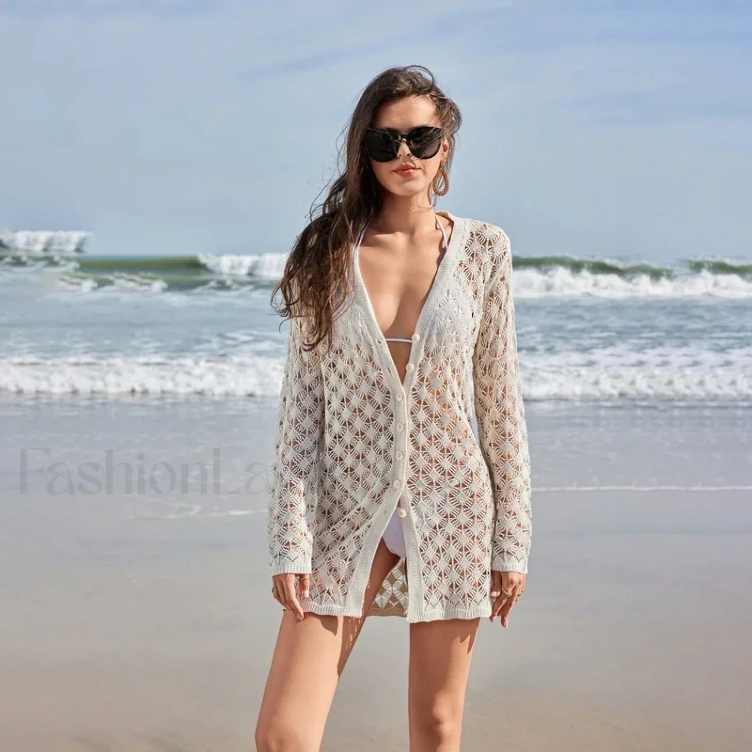 Butterfly Tassel Crochet Cover Up Beige Dress / S