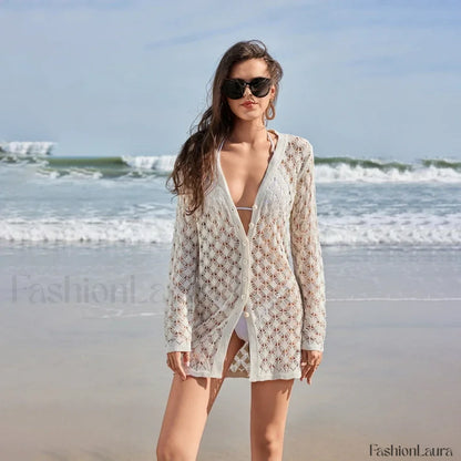 Butterfly Tassel Crochet Cover Up Beige Dress / S