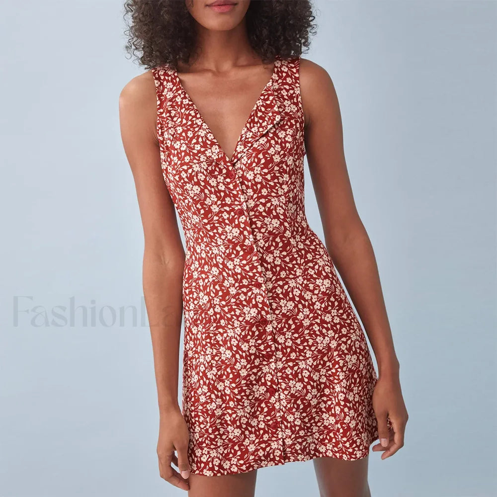 Button Back V Neck Floral Dress red / S