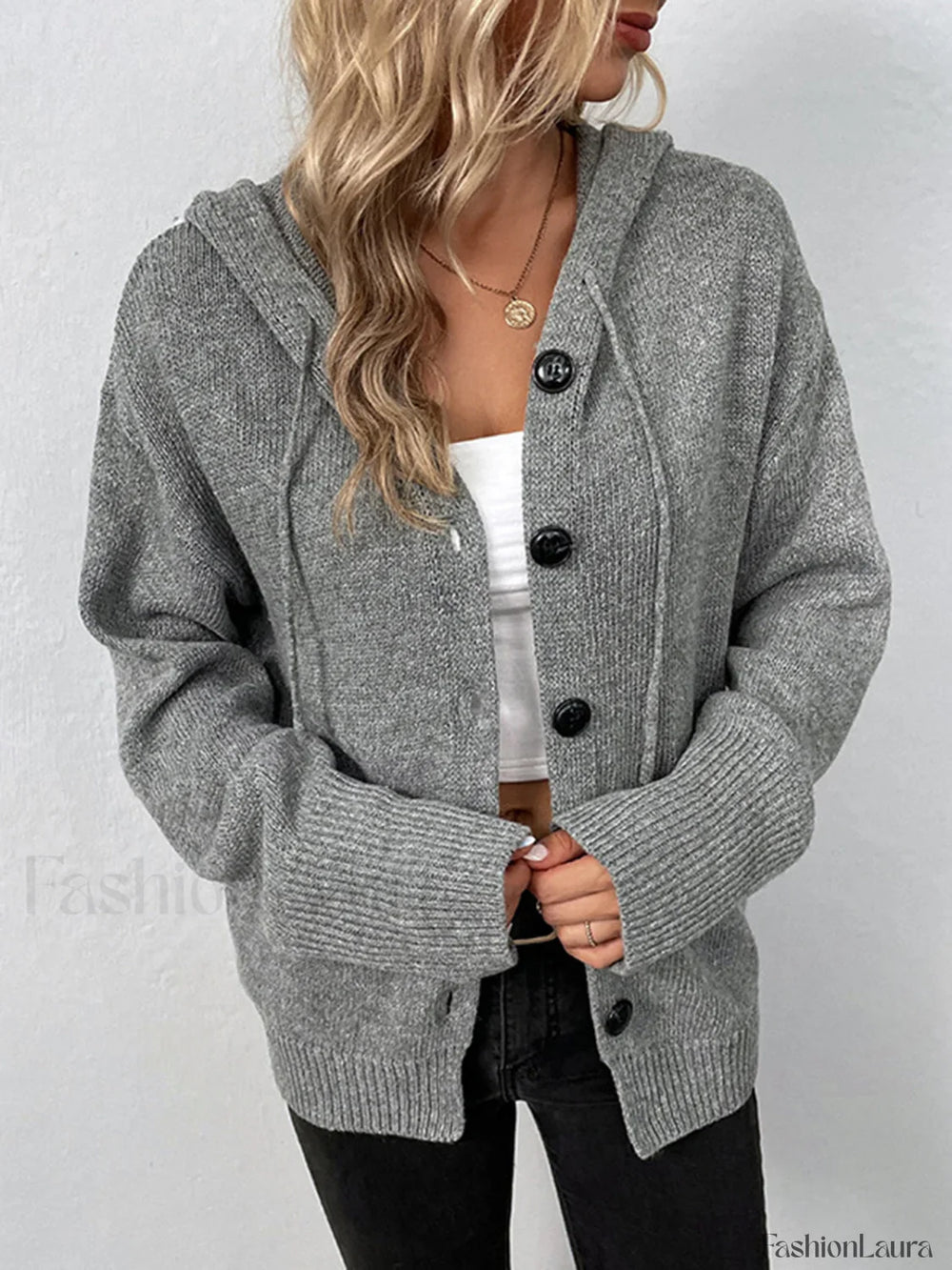 Button Drawstring Hooded Cardigan Cardigans