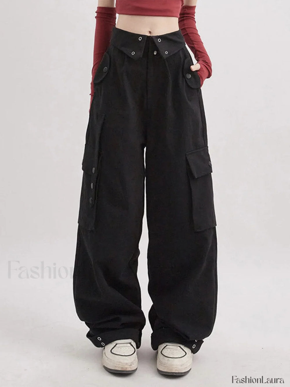 Buttoned High Waisted Cargo Pants Black / S Cargo Pants