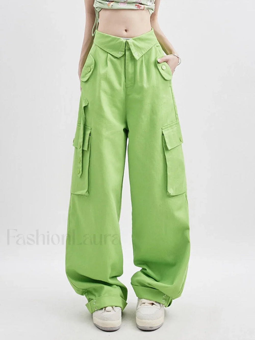 Buttoned High Waisted Cargo Pants Green / S Cargo Pants