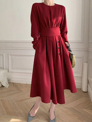 Buttoned Long Sleeve Corset Midi Dress Burgundy / S Midi Dresses