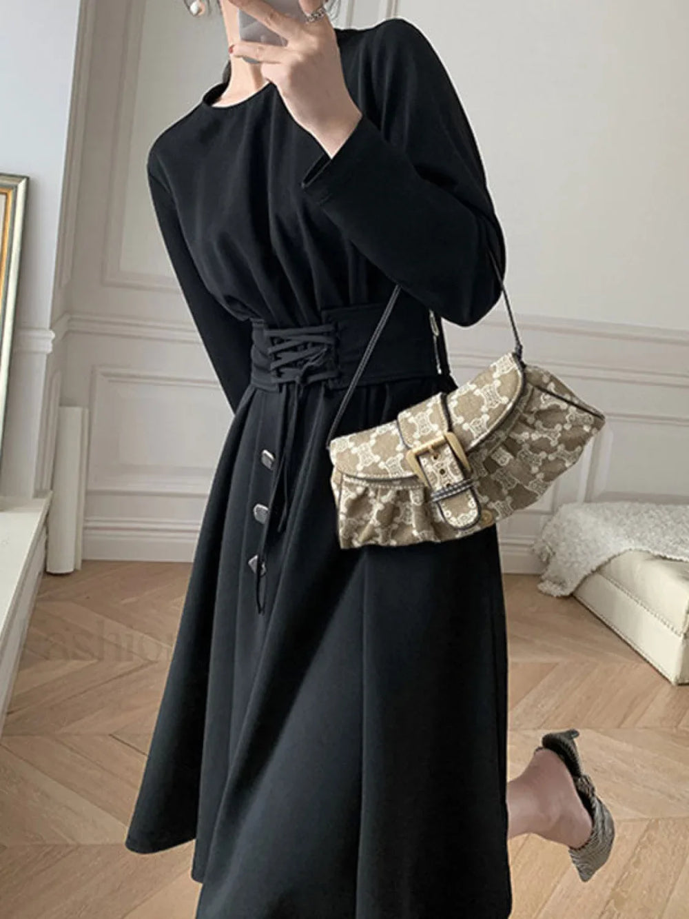 Buttoned Long Sleeve Corset Midi Dress Midi Dresses