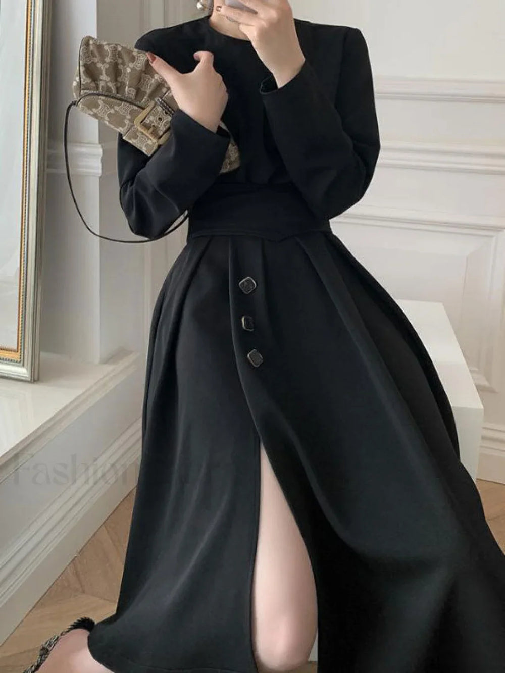 Buttoned Long Sleeve Corset Midi Dress Midi Dresses